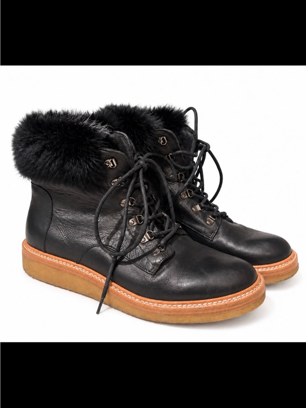 Botkier Black Leather Fur-Trim Lace-Up Boots with Tan Crepe Sole